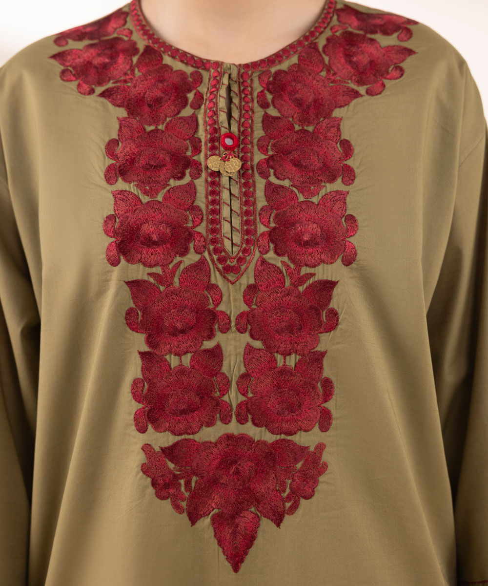 Women's RTW Textured Lawn Green Embroidered Boxy Shirt