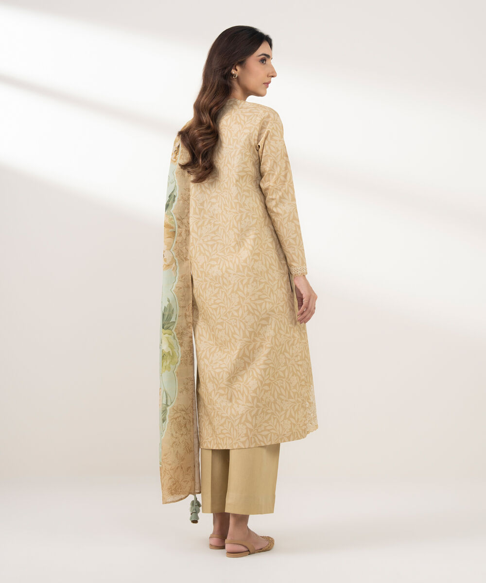 Women's Unstitched Zari Lawn Embroidered Beige 3 Piece Suit