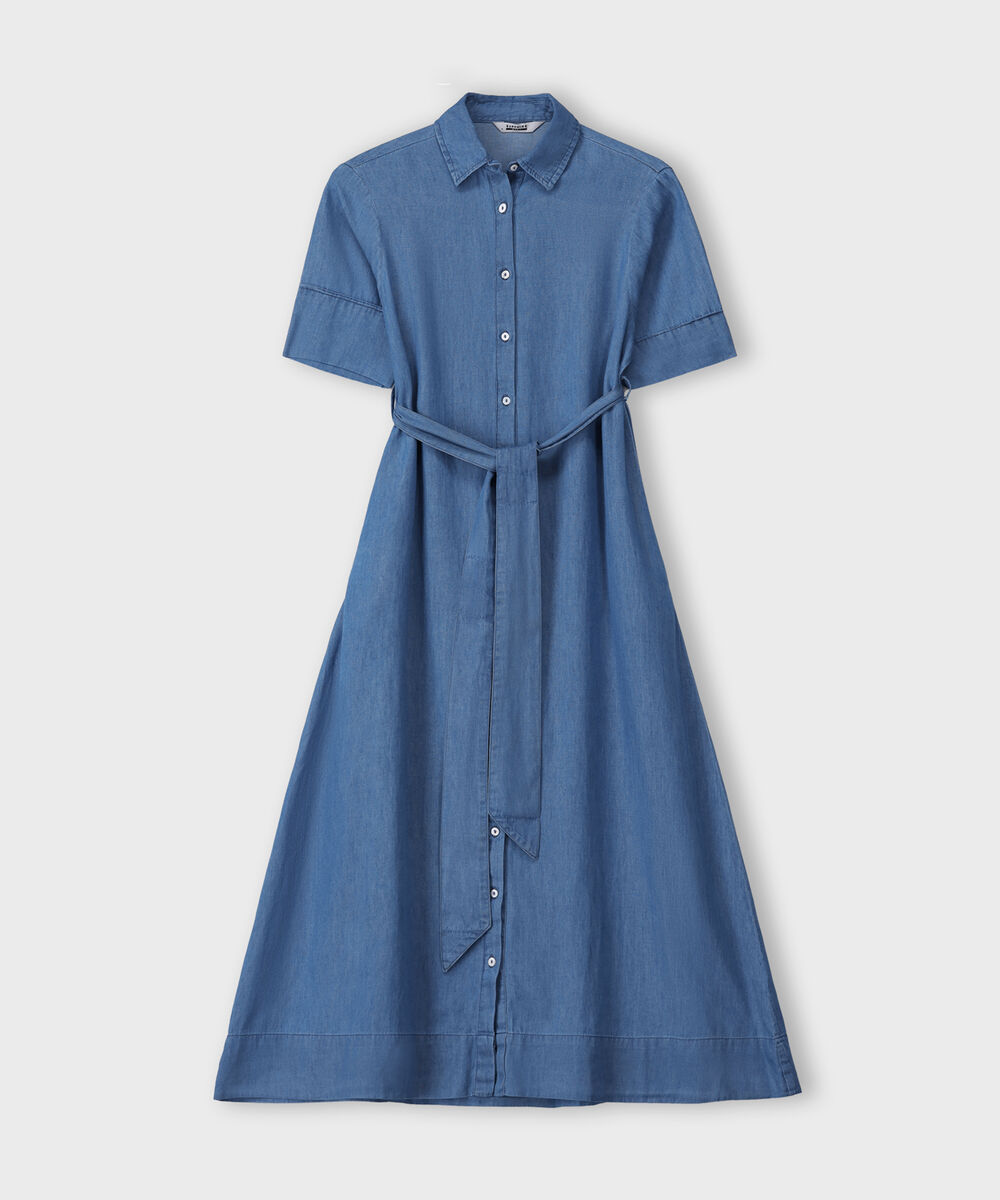 Women's Western Wear Blue Denim Short Sleeve Dress With Belt