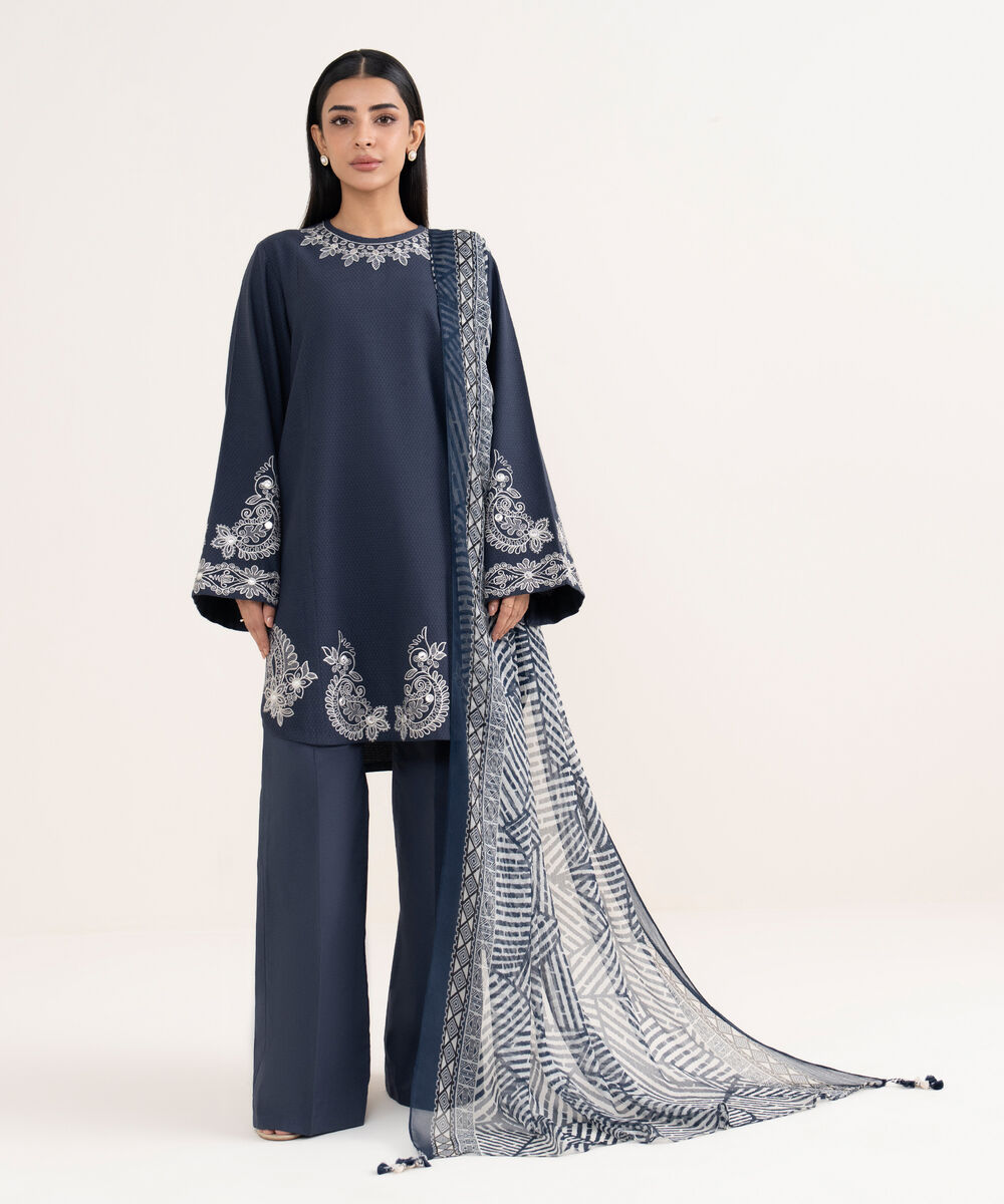 Women's Unstitched Dobby Embroidered Blue 3 Piece Suit