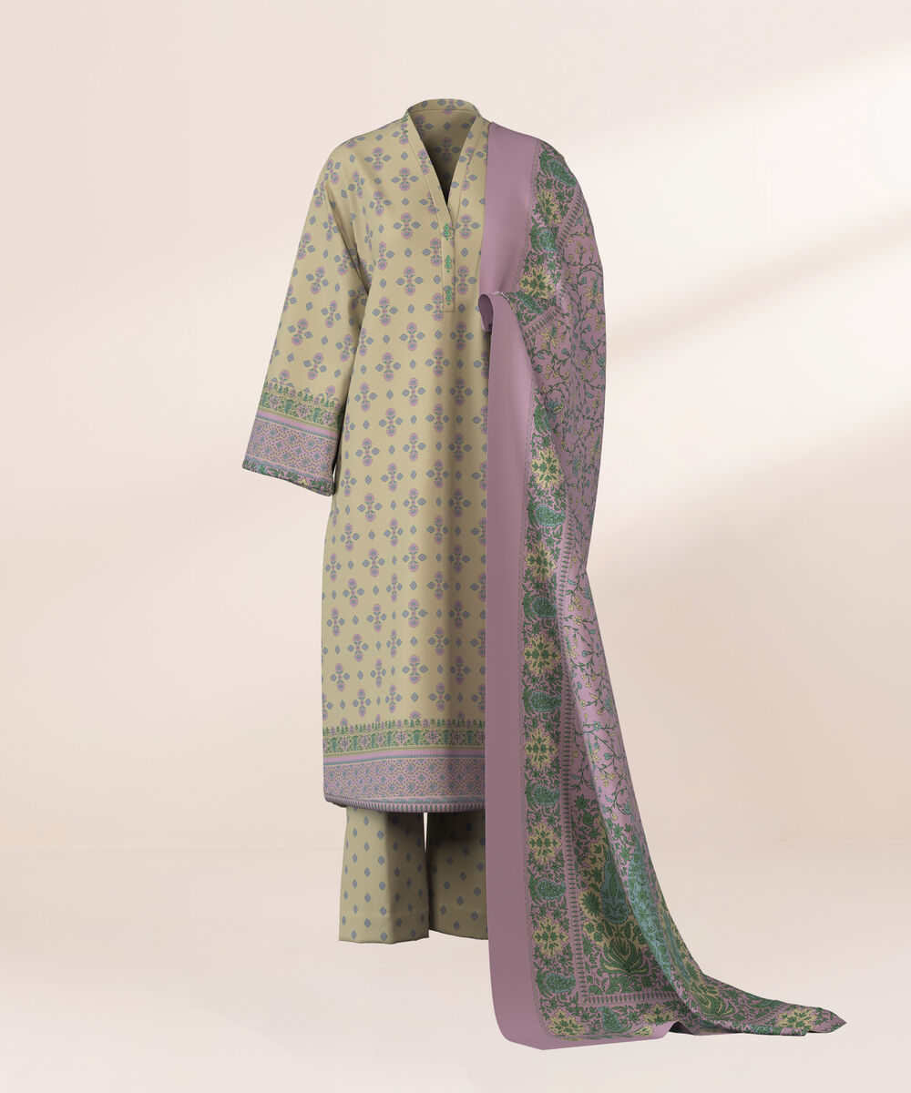 Women's Unstitched Viscose Khaddar Printed Green 3 Piece Suit