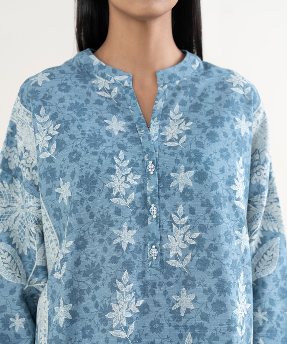Women's Unstitched Printed Khaddar Blue 3 Piece Suit