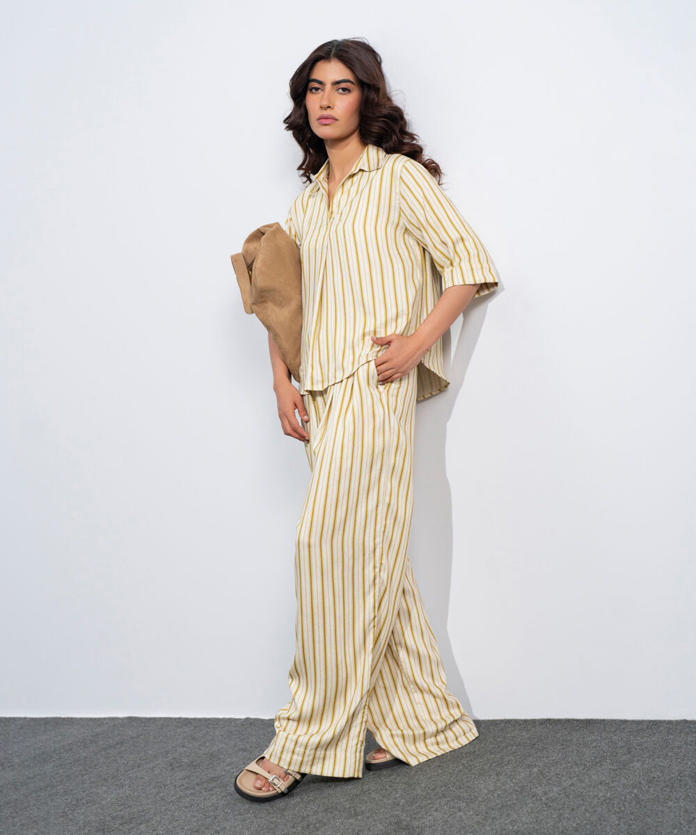 Women's Western Off White Linen Blend Printed Stright-Fit Trousers