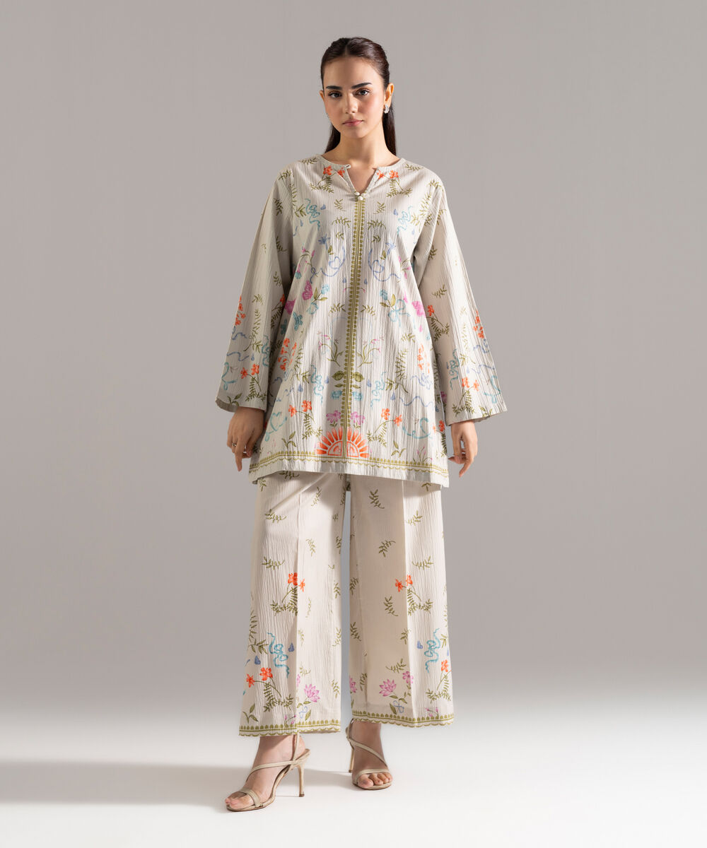 Women's RTW Seersucker Printed Grey 2 Piece Suit