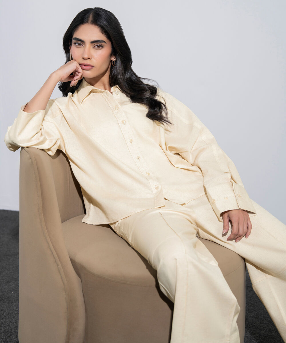 Women's Western Beige Relaxed-Fit Linen Blend Shirt