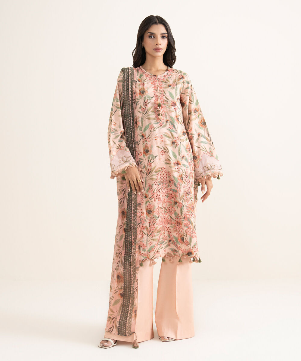 Women's Unstitched Lawn Embroidered Pink 3 Piece Suit