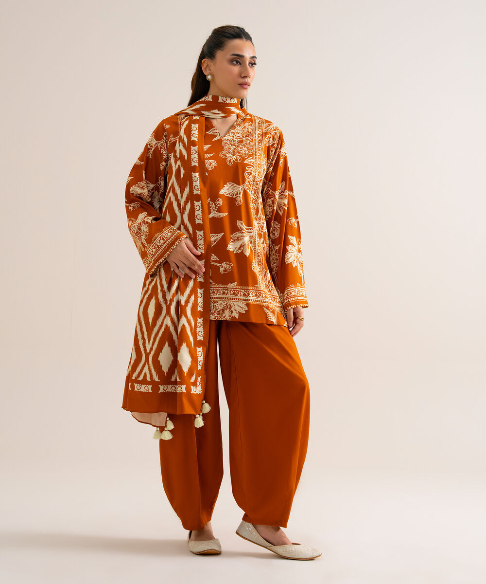 Women's Unstitched Viscose Linen Printed Orange 3 Piece Suit