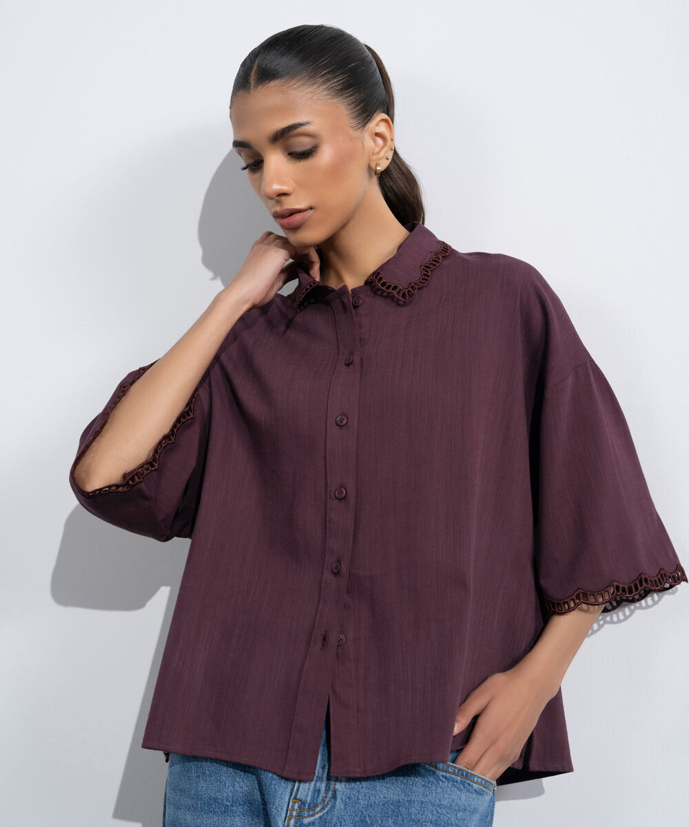 Women's Western Maroon Regular-Fit Shirt With Lace Trims