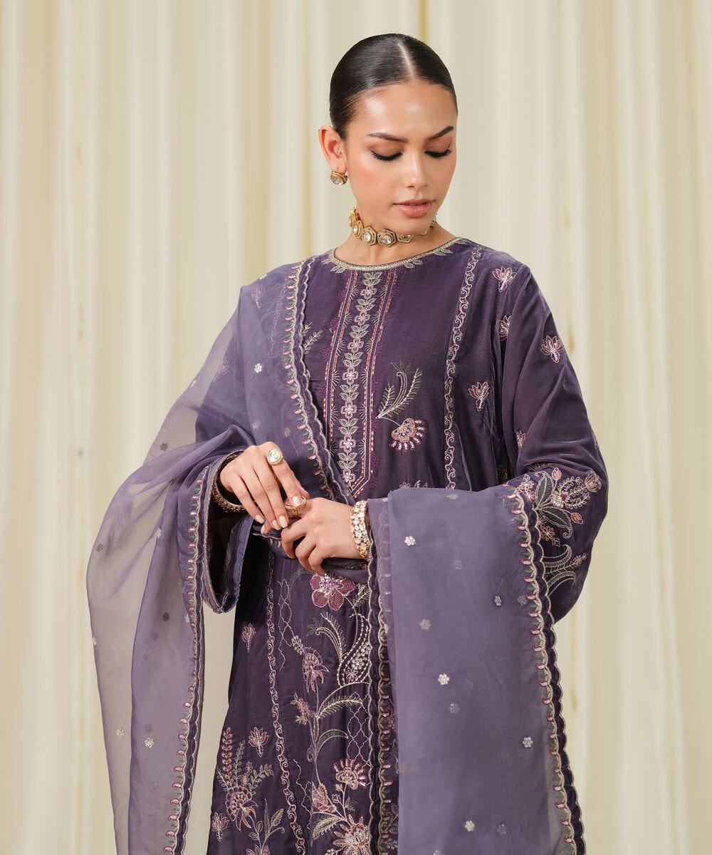 Women's Unstitched Embroidered Velvet Purple 3 Piece Suit