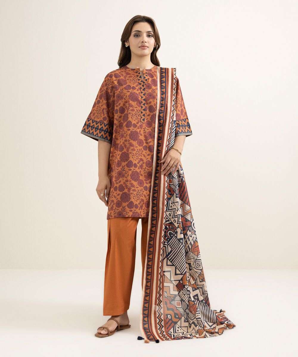 Women's Unstitched Lawn Printed Orange 3 Piece Suit