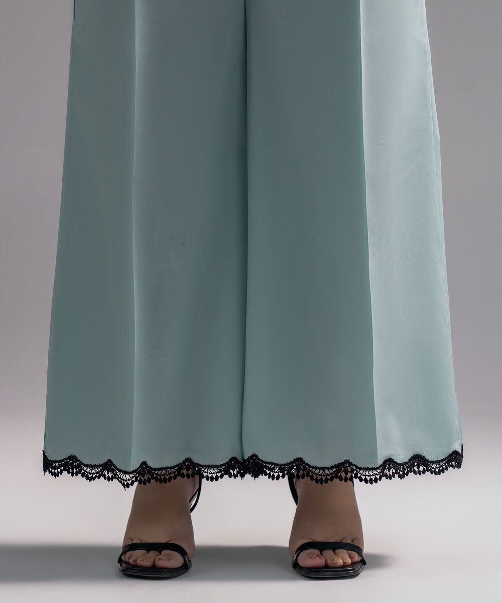 Women's RTW Cambric Solid Green Flared Pants