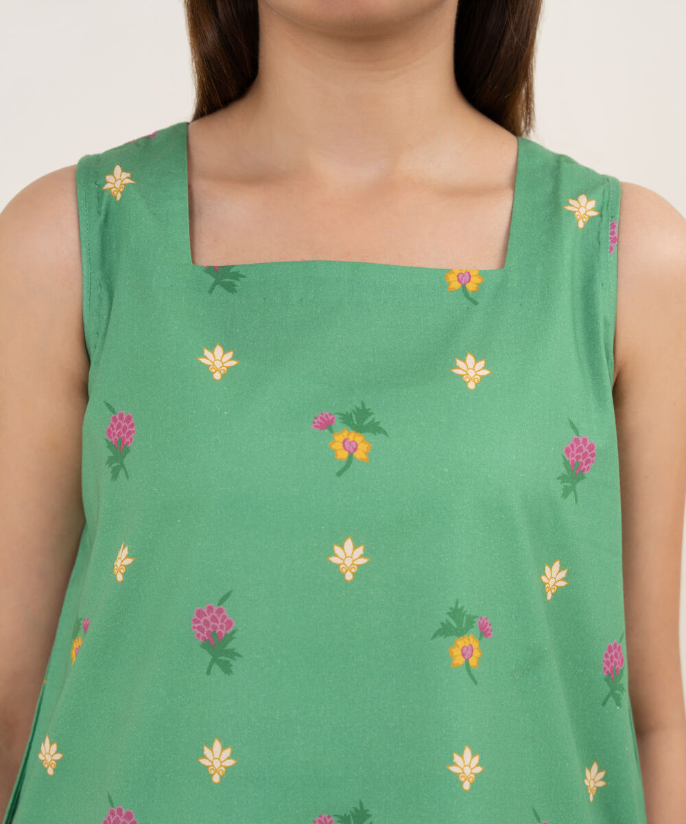 Women's Unstitched Cotton Printed Green Shirt
