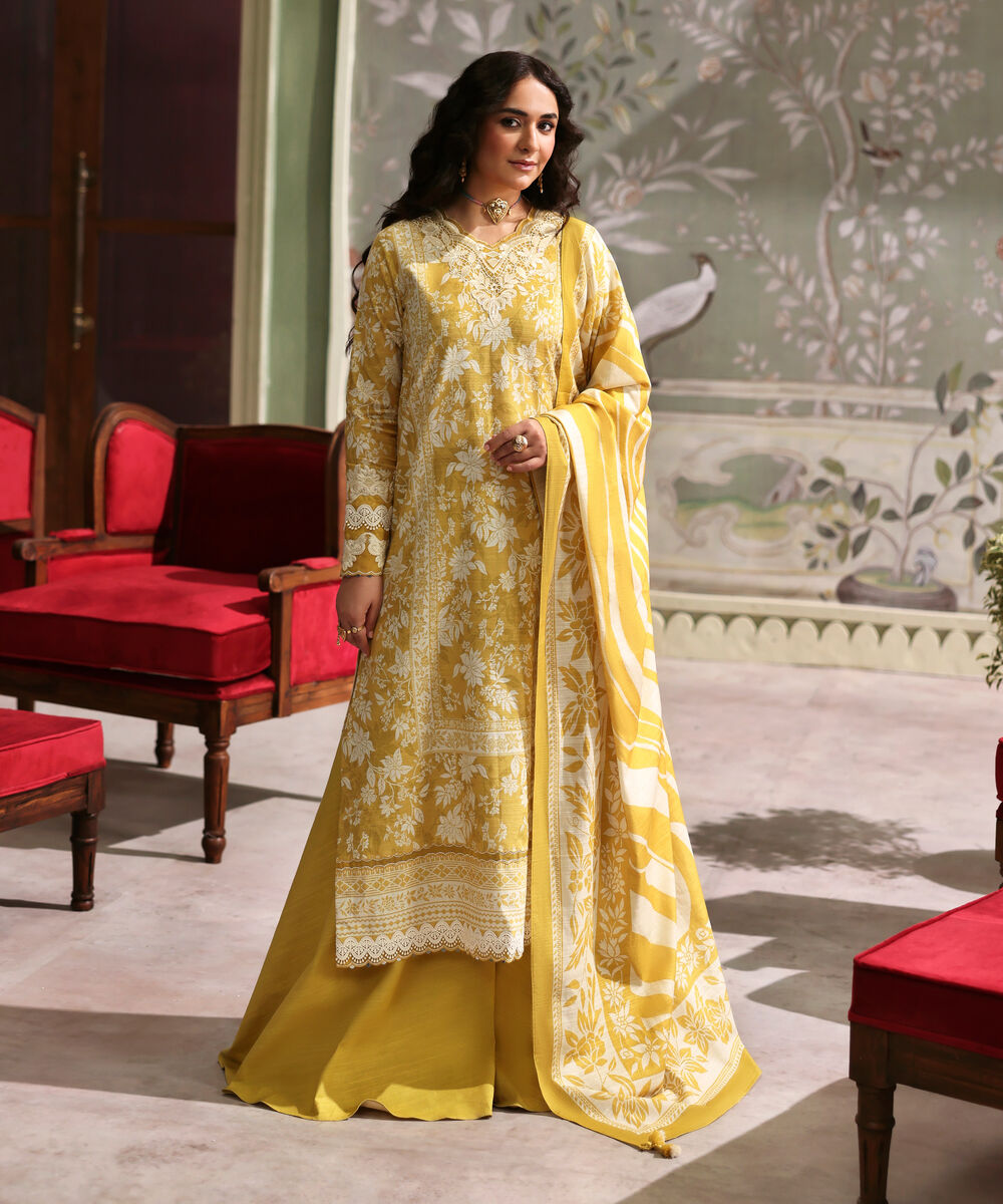 Women's Unstitched Light Khaddar Embroidered Yellow 3 Piece Suit