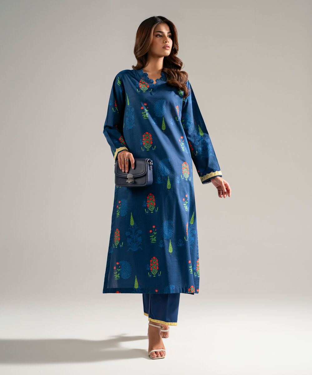 Women's RTW Slub Lawn Printed Turquoise Straight Shirt