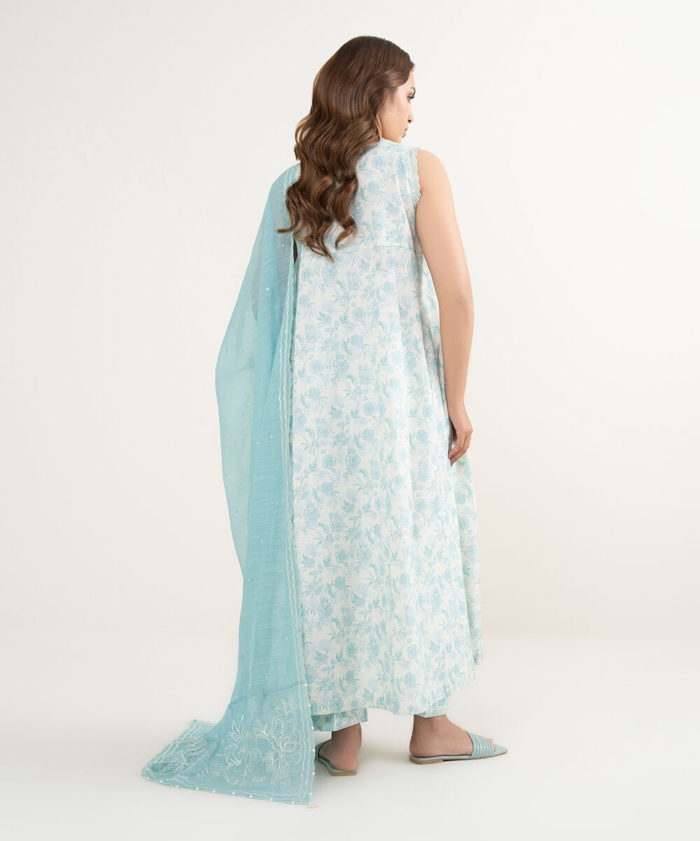 Women's Unstitched Zari Lawn Embroidered Blue 3 Piece Suit