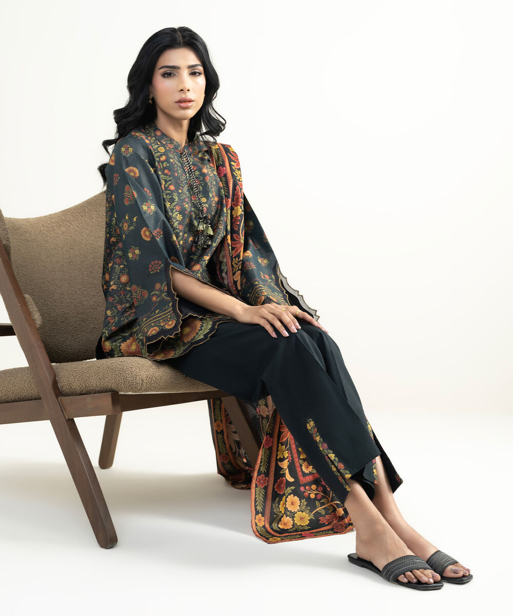 Women's Unstitched Zari Lawn Black   Printed 3 Piece Suit