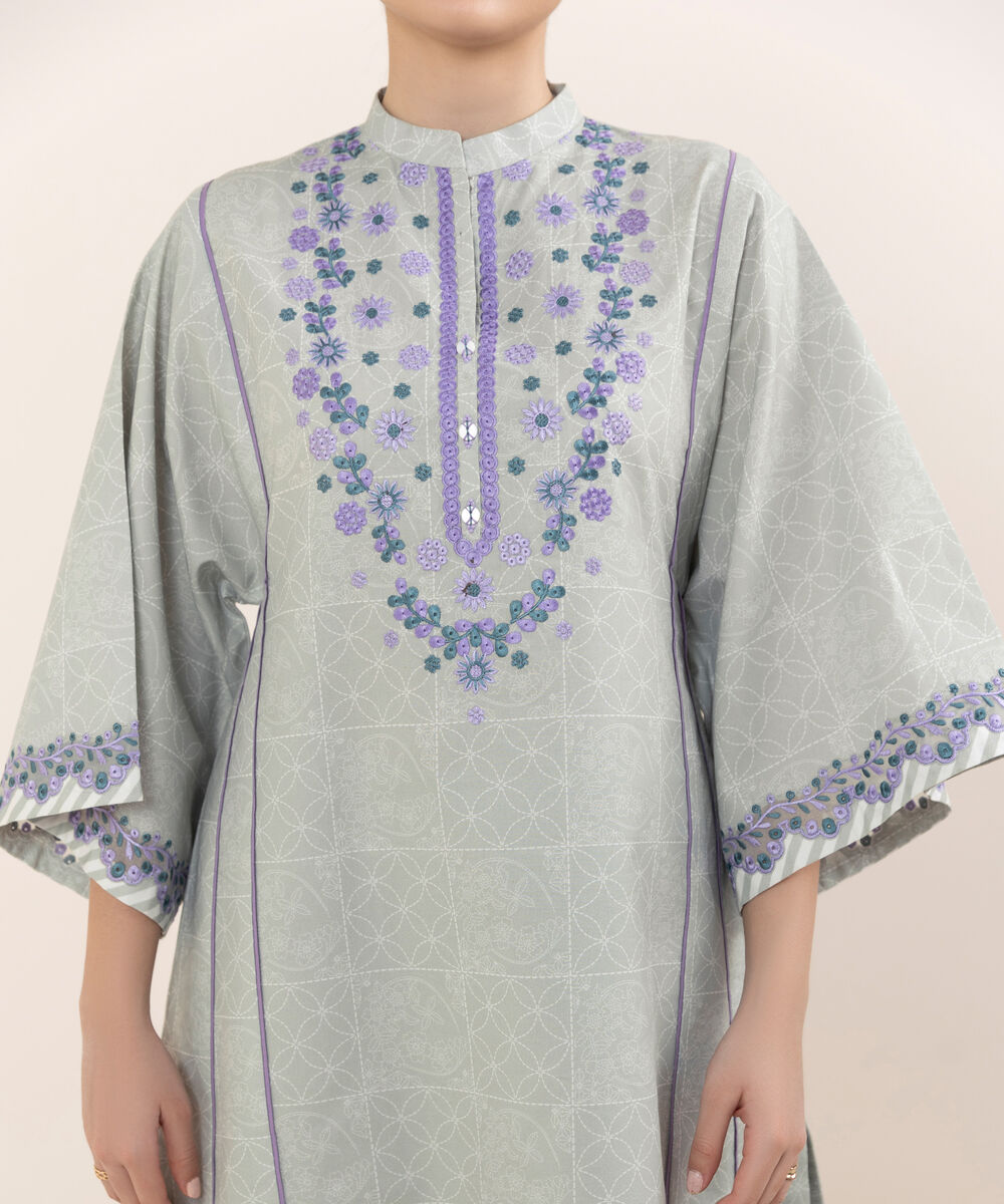 Women's Unstitched Cotton Embroidered Grey Three Piece Suit