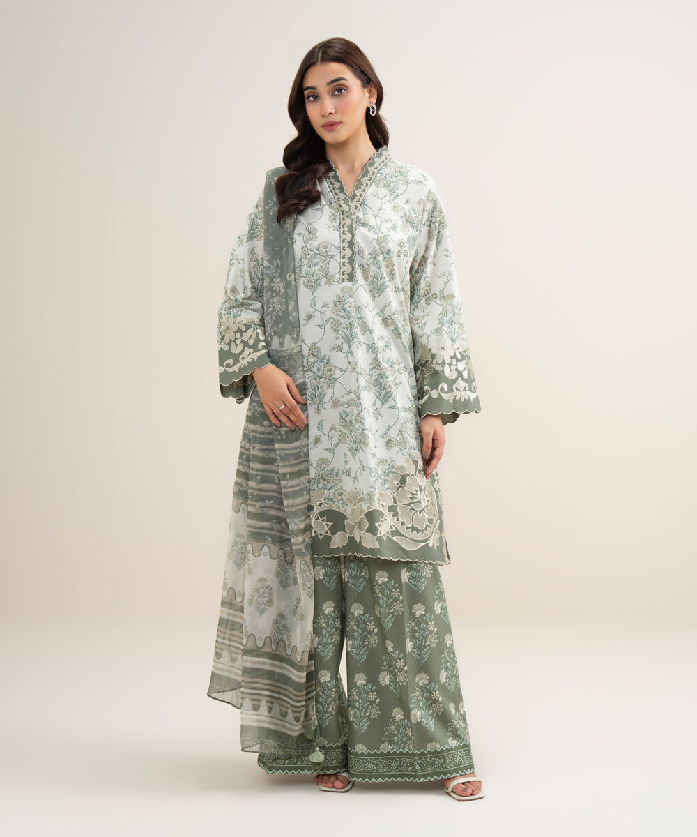 Women's Unstitched Lawn Embroidered Light Sage Green 3 Piece Suit
