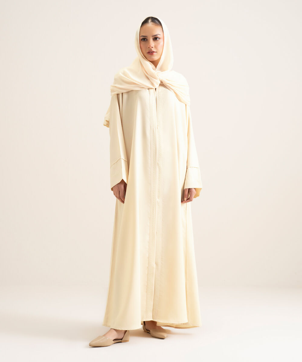 Women's White V-Neck Embroidered Abbaya Set