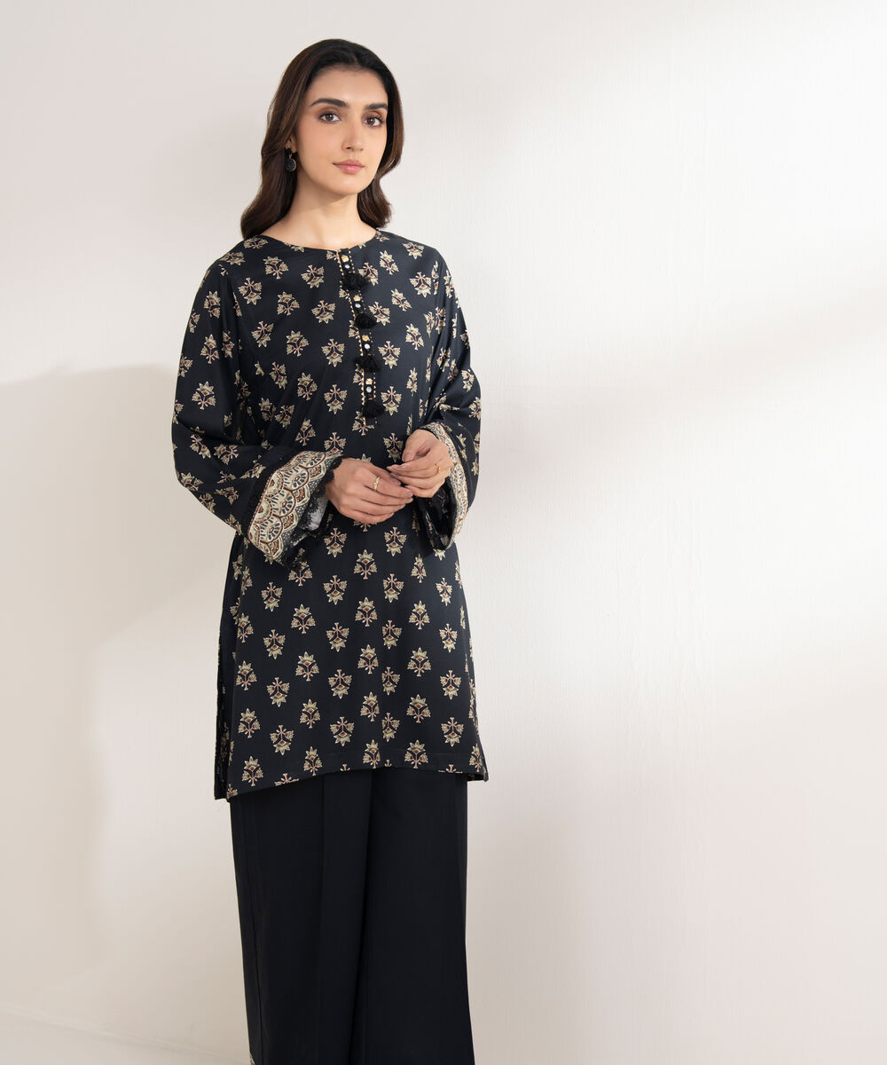 Women's RTW Viscose Linen Printed Boxy Black Shirt