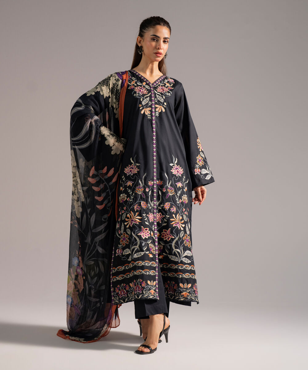Women's RTW Cambric Embroidered Black 3 Piece Suit