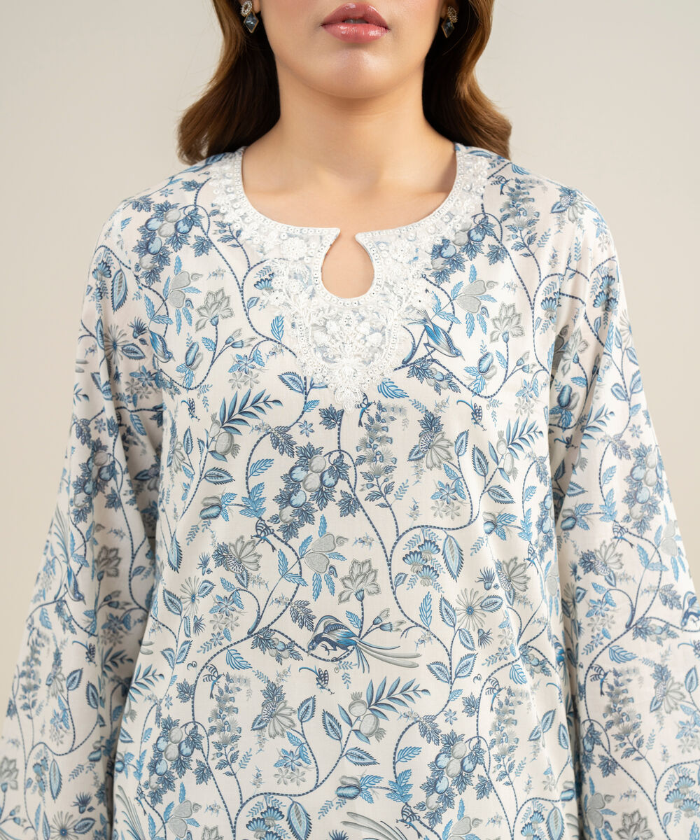 Women's Unstitched Lawn Embroidered Teal Blue and Off white 2 Piece Suit