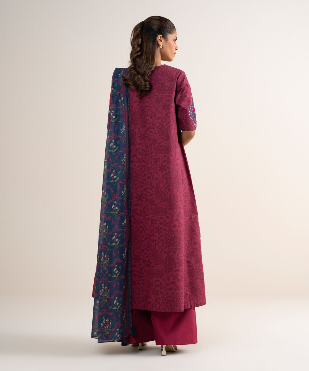 Women's Unstitched Cotton Embroidered Red 3 Piece Suit