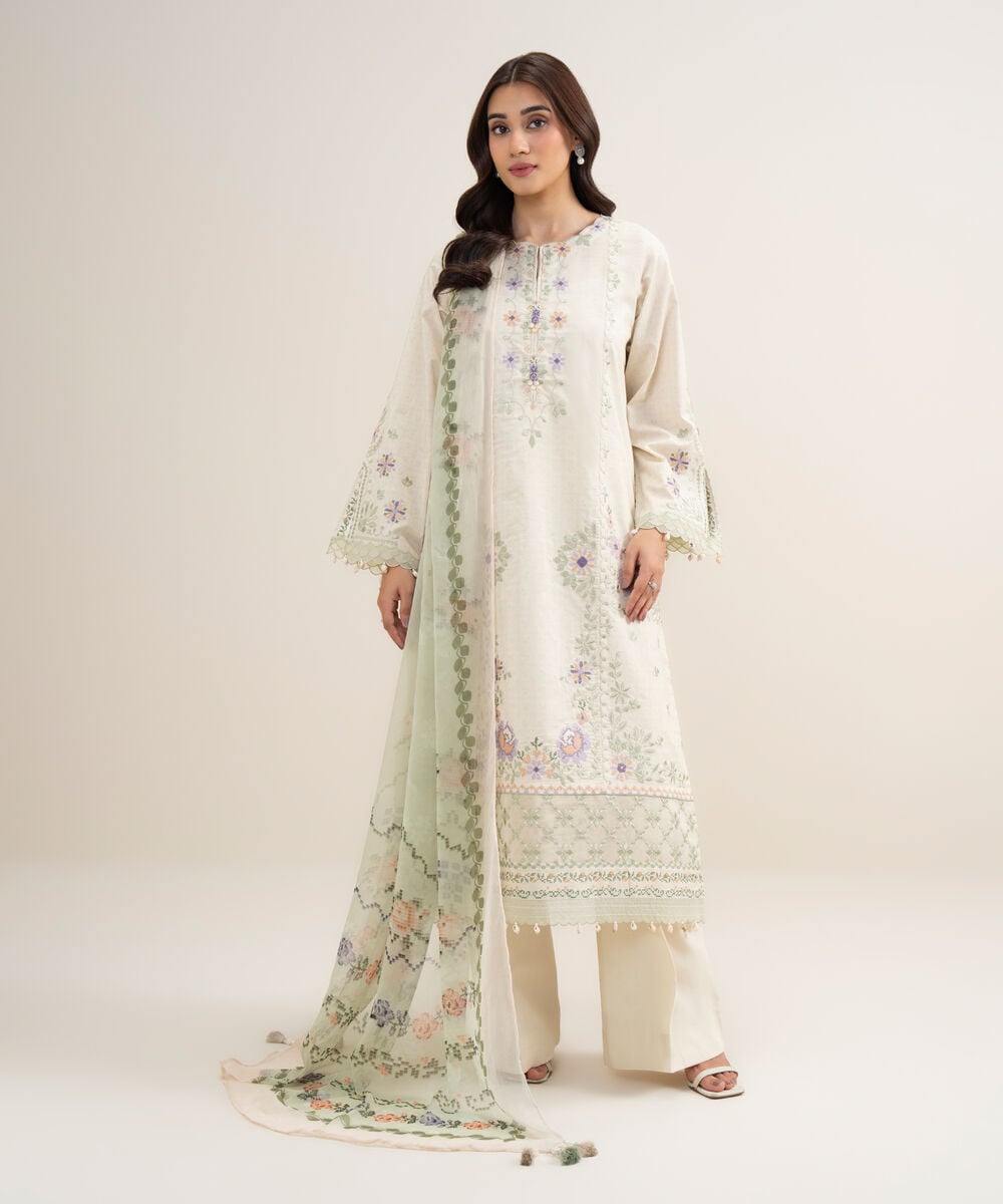 Women's Unstitched Lawn Embroidered Off White 3 Piece Suit