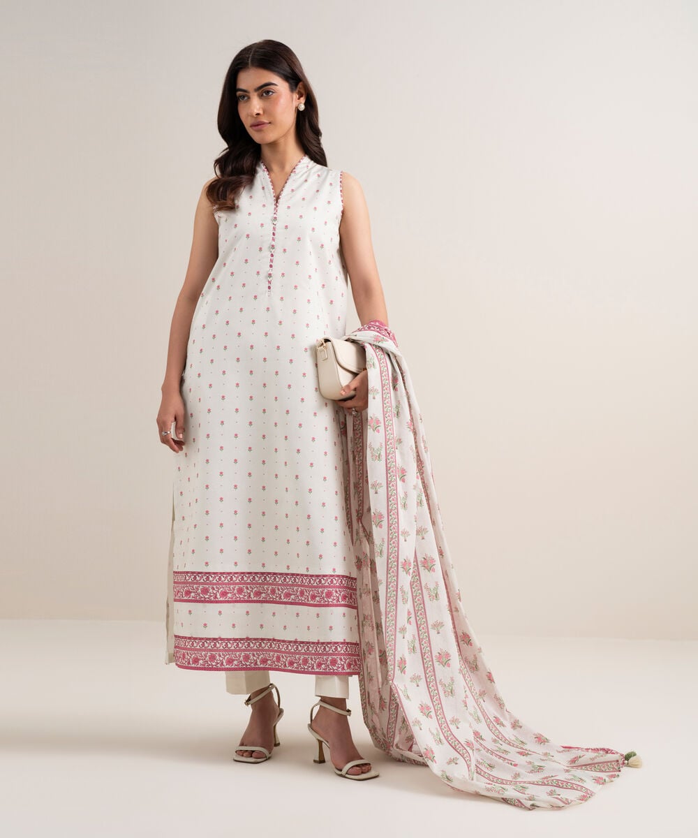 Women's Unstitched Lawn Printed Off White 3 Piece Suit