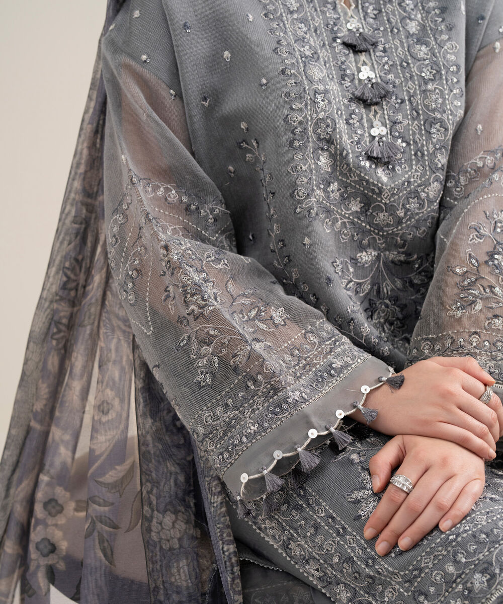 Women's Unstitched Blended Viscose Khaddi Net Embroidered Grey 3 Piece Suit