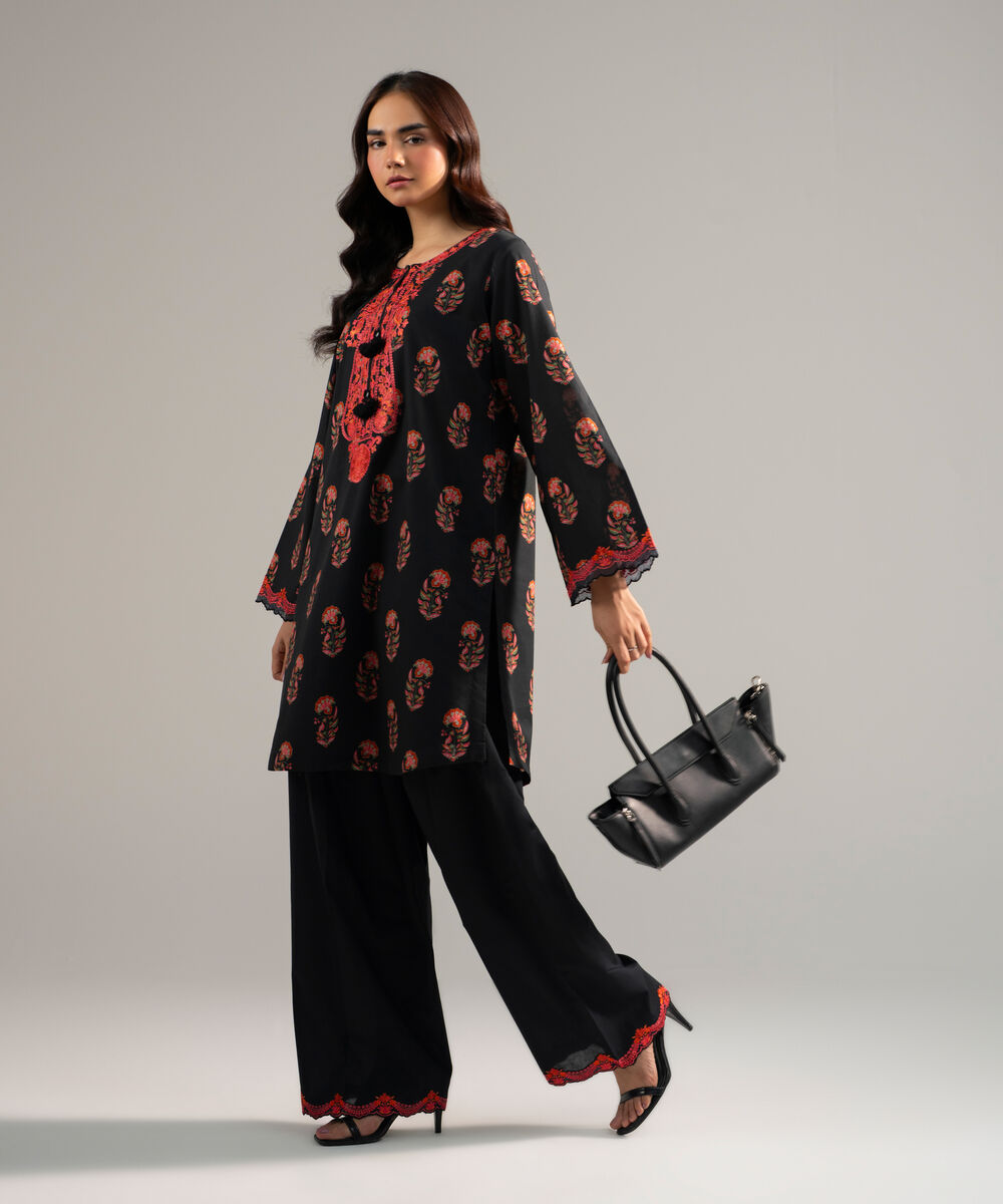 Women's RTW Lawn Embroidered Black Boxy Shirt