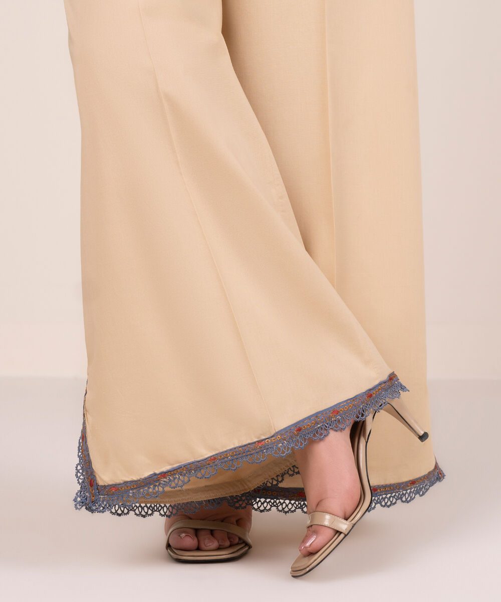 Women's RTW Cambric Solid Beige Flared Pants