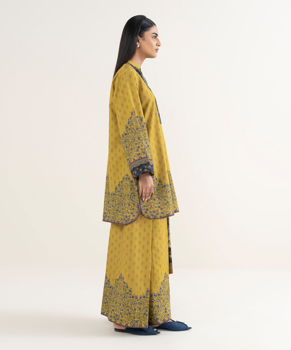 Women's Unstitched Printed Khaddar Mustard 3 Piece Suit