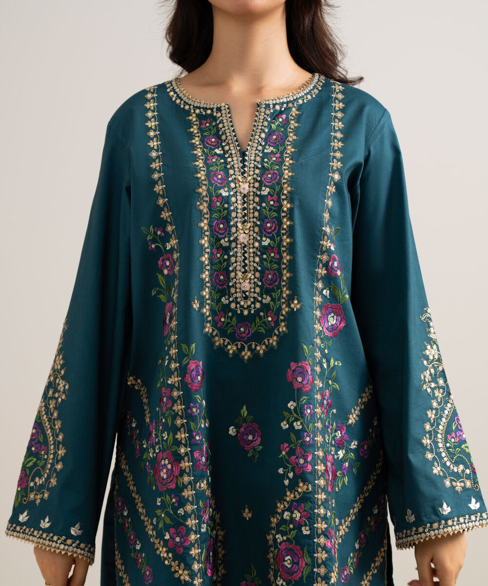 Women's Unstitched Embroidered Cotton Viscose Teal Green 3 Piece Suit