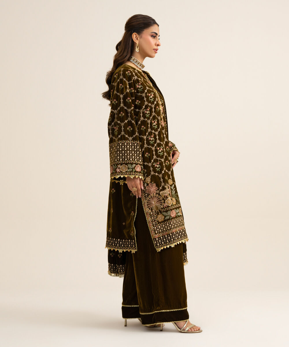 Women's Unstitched Velvet Embroidered Dark Brown 3 Piece Suit