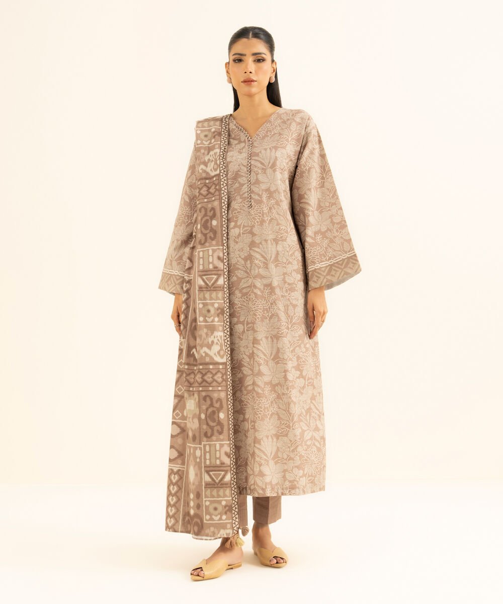 Women's Unstitched Printed Khaddar Beige 3 Piece Suit