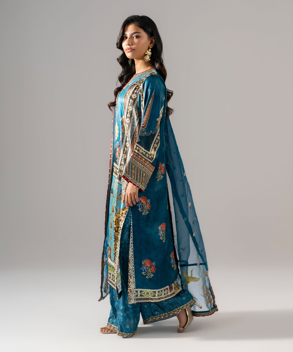 Women's RTW Blended Satin Embroidered Teal 3 Piece Suit