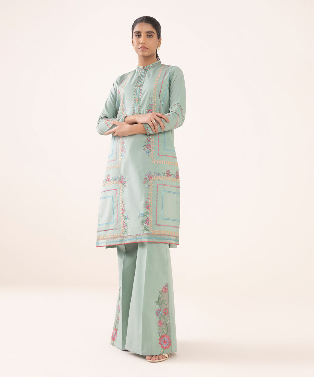 Women's Unstitched Cotton Embroidered Green Two Piece Suit