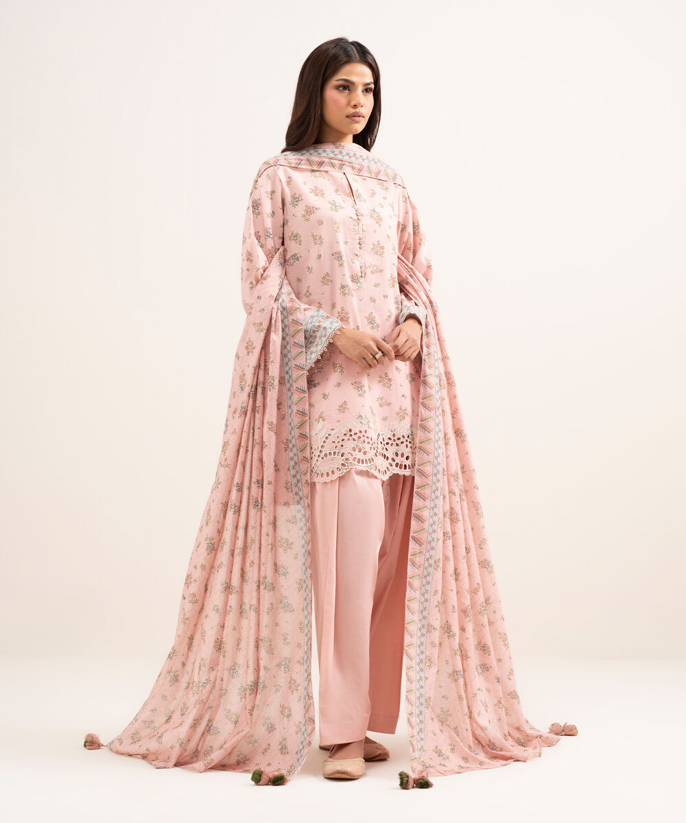 Women's Unstitched Lawn Embroidered Pink 3 Piece Suit