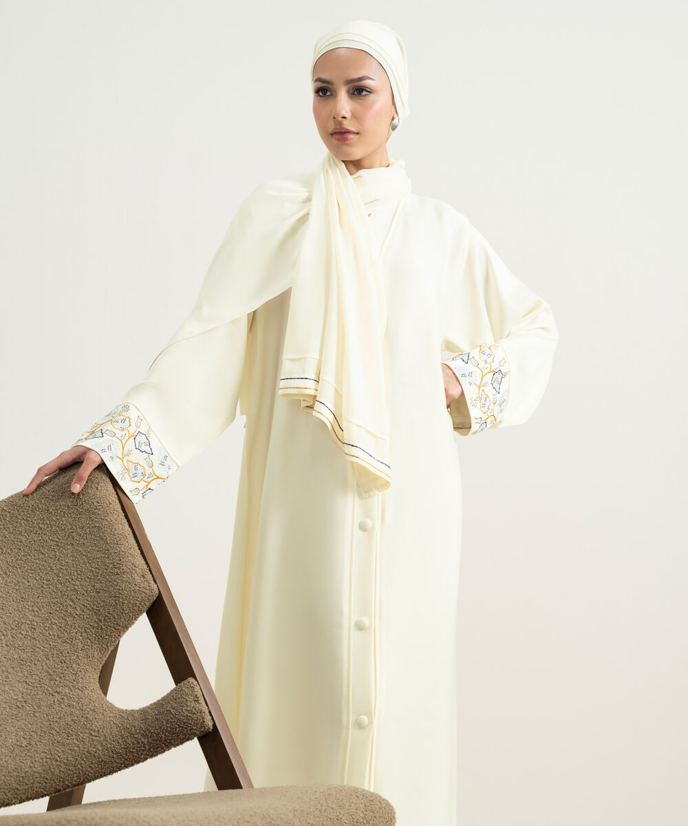 Women's Ivory Embroidered Abaya Set