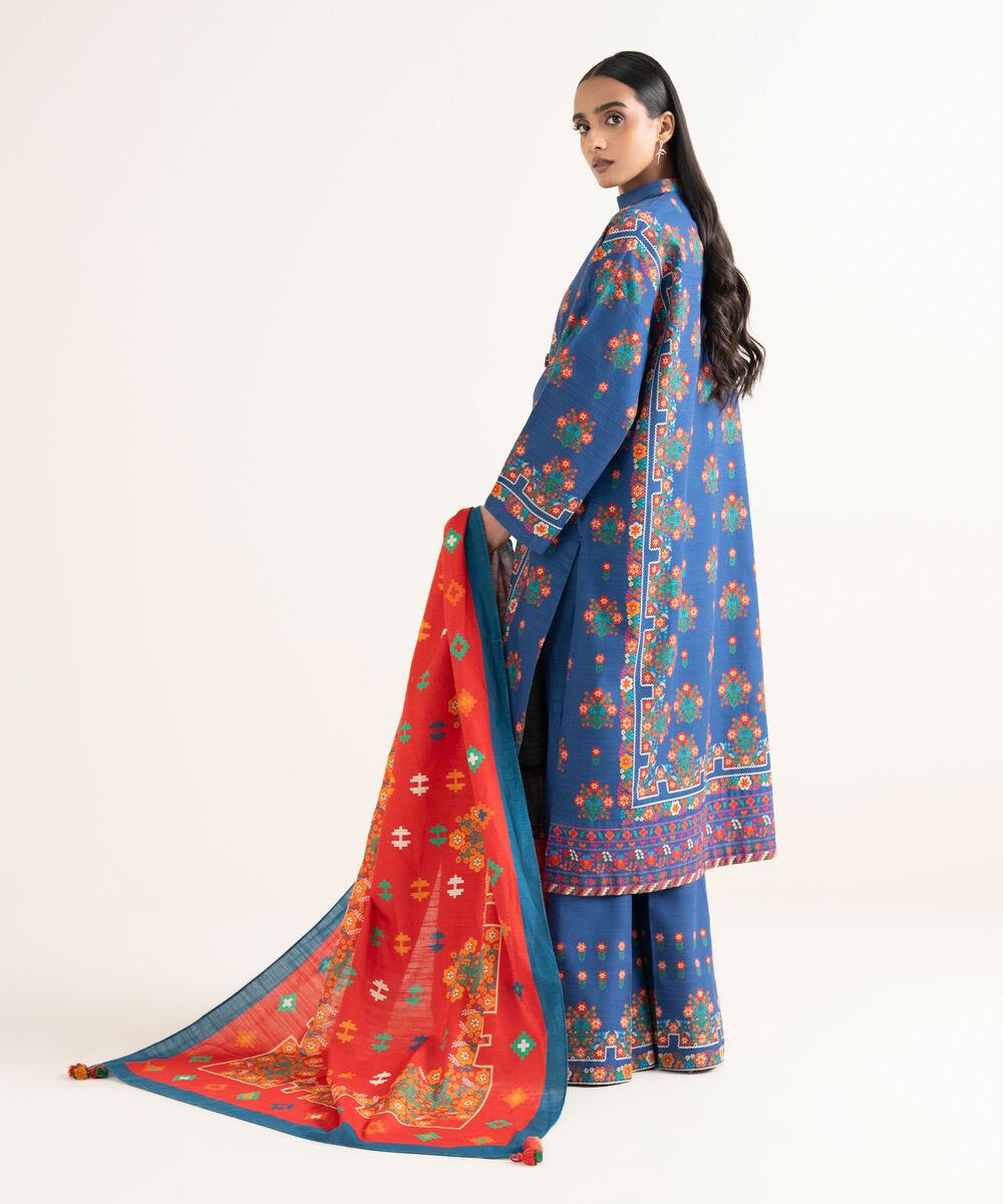 Women's Unstitched Printed Light Khaddar Blue 3 Piece Suit