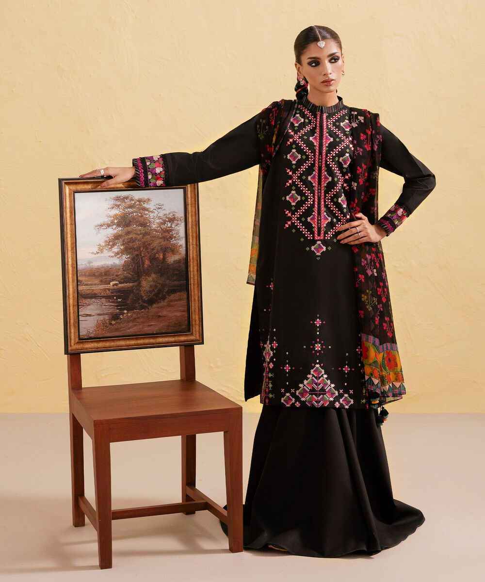 Women's Unstitched Cotton Embroidered Black Two Piece Suit