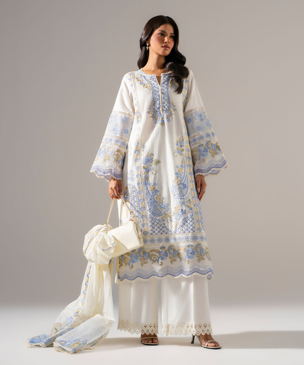 Women's RTW Dobby Solid Embroidered White 3 Piece Suit
