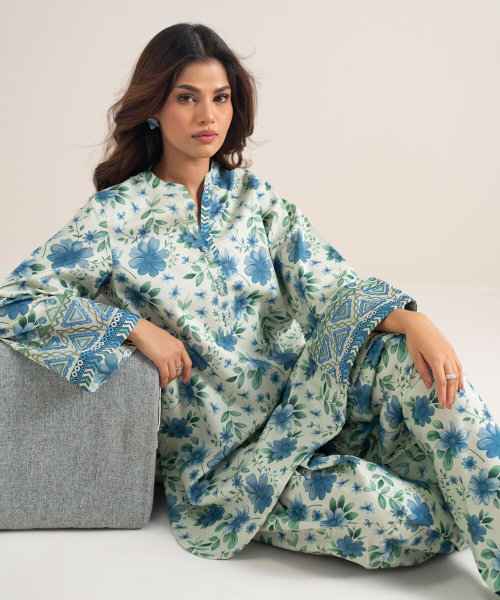 Women's Unstitched Lawn Embroidered Blue 2 Piece Suit