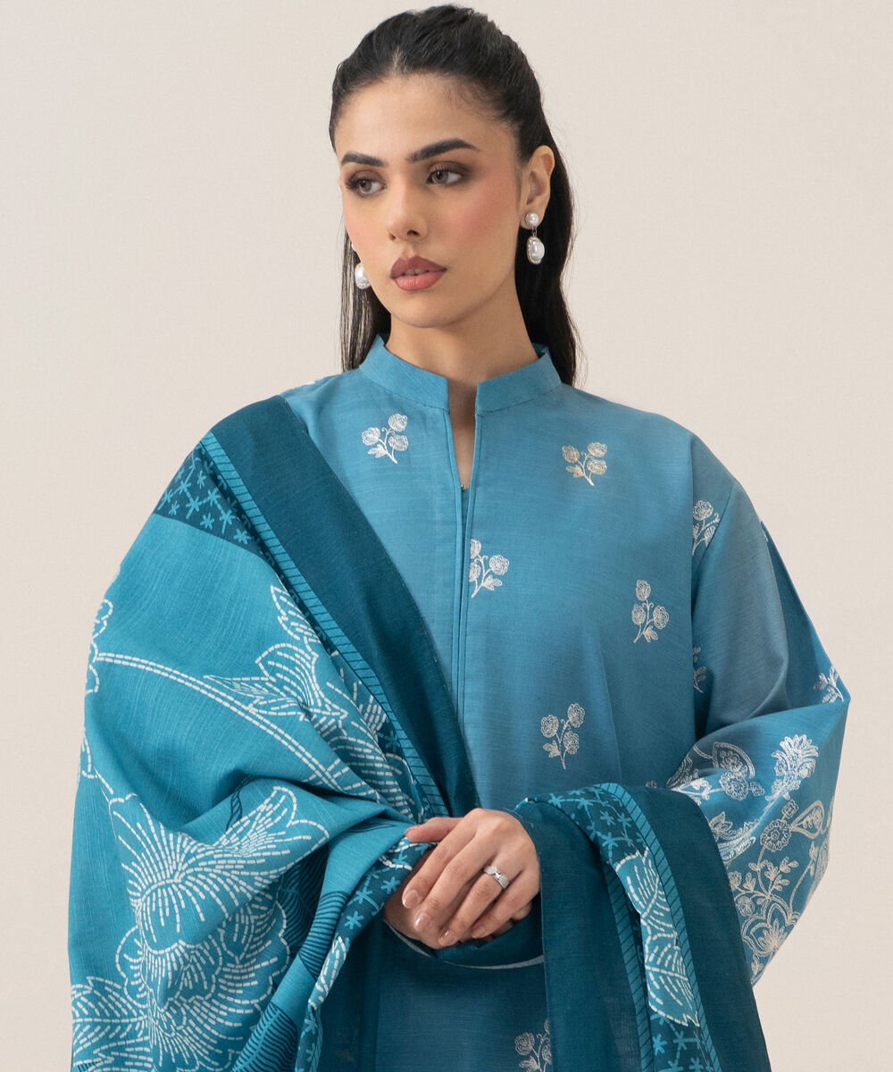 Women's Unstitched Premium Khaddar Embroidered Blue 3 Piece Suit