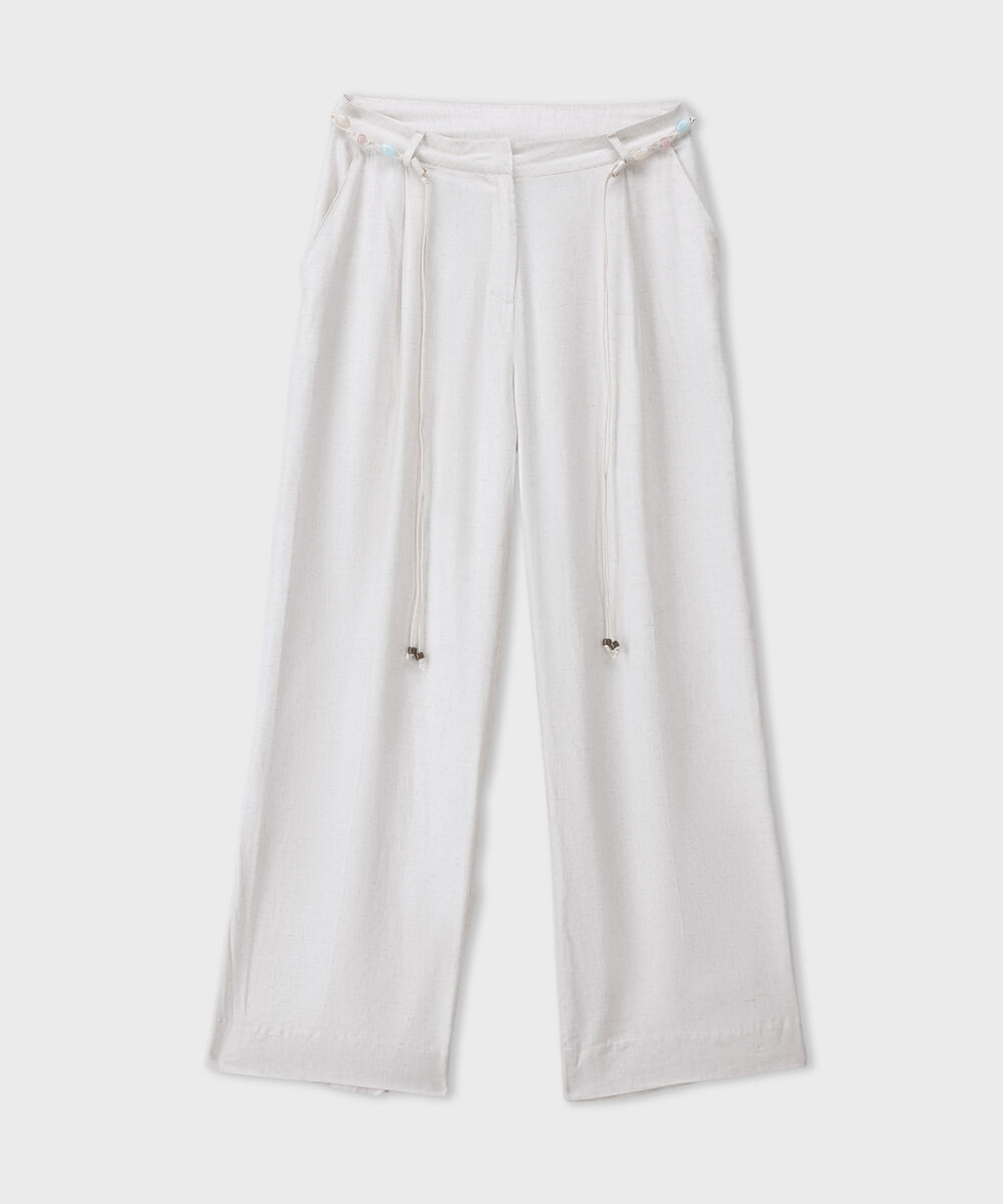 Women's Western Off-white Straight Fit Trousers With Crochet Belt