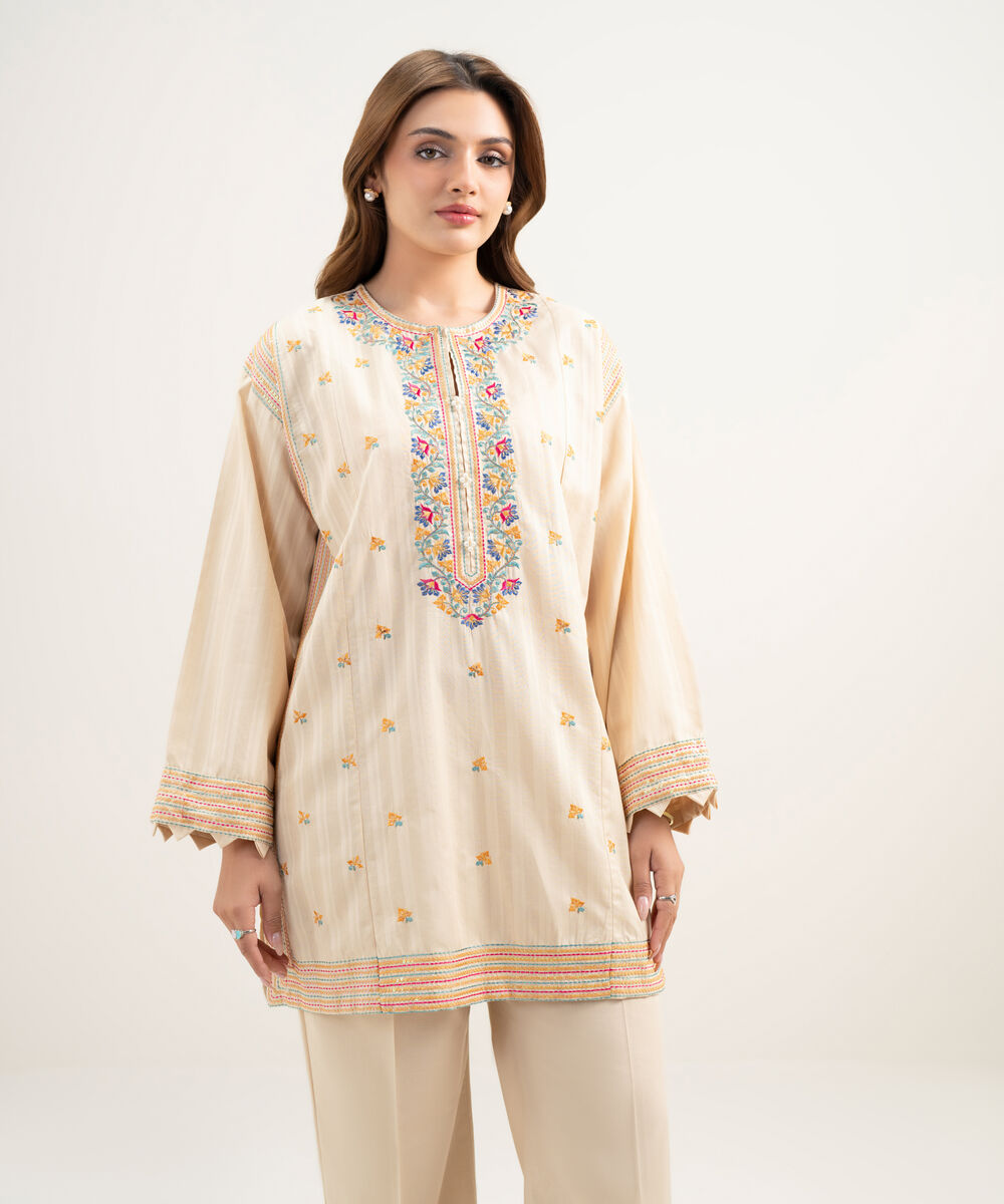 Women's RTW Dobby Embroidered Beige 2 Piece Suit