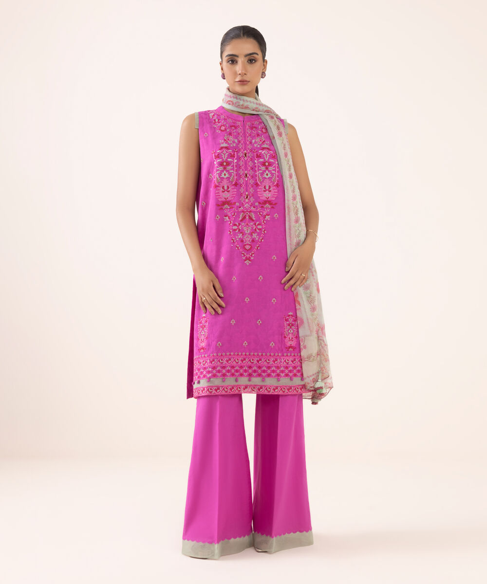 Women's Unstitched Jacquard Embroidered Pink Three Piece Suit