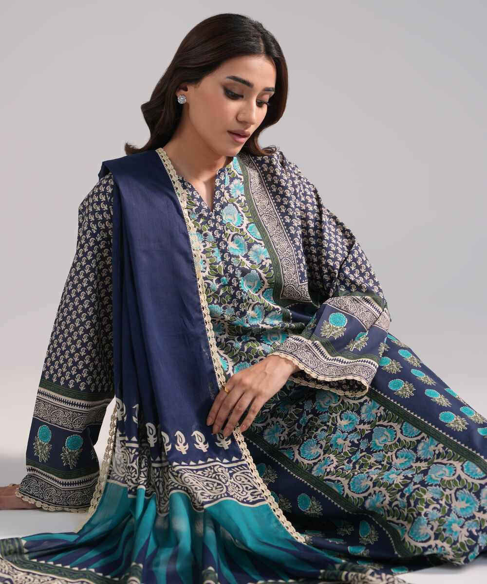 Women's RTW Lawn Printed Dark Blue 3 Piece Suit