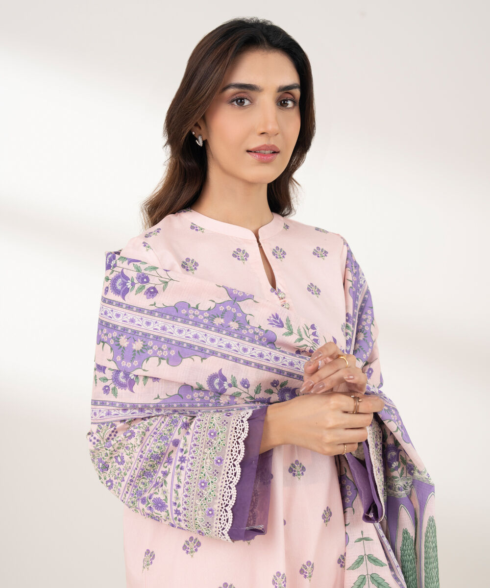 Women's Unstitched Lawn Printed Pink 3 Piece Suit